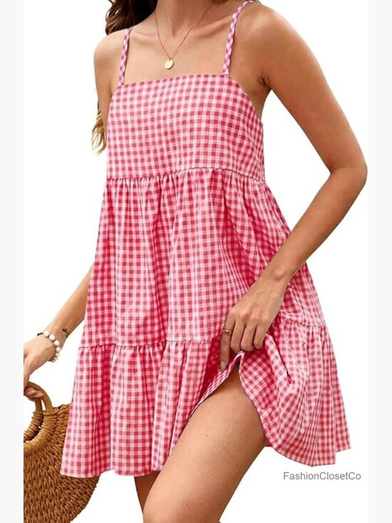 Dresses & Skirts - Gingham Mini Dress with Pockets, Spaghetti Strap A-Line Sundress
